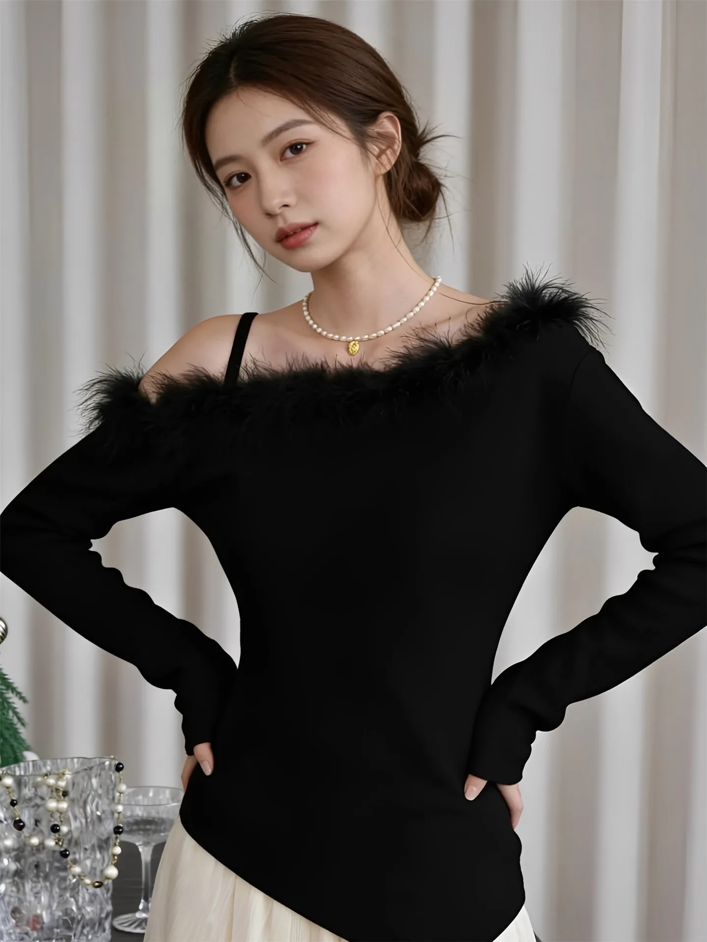 

Женский вязаный топ Ele Bla с меховым воротником и асимметричным вырезом на плече, новинка весны 2026, модный дизайн, для ношения под одеждой