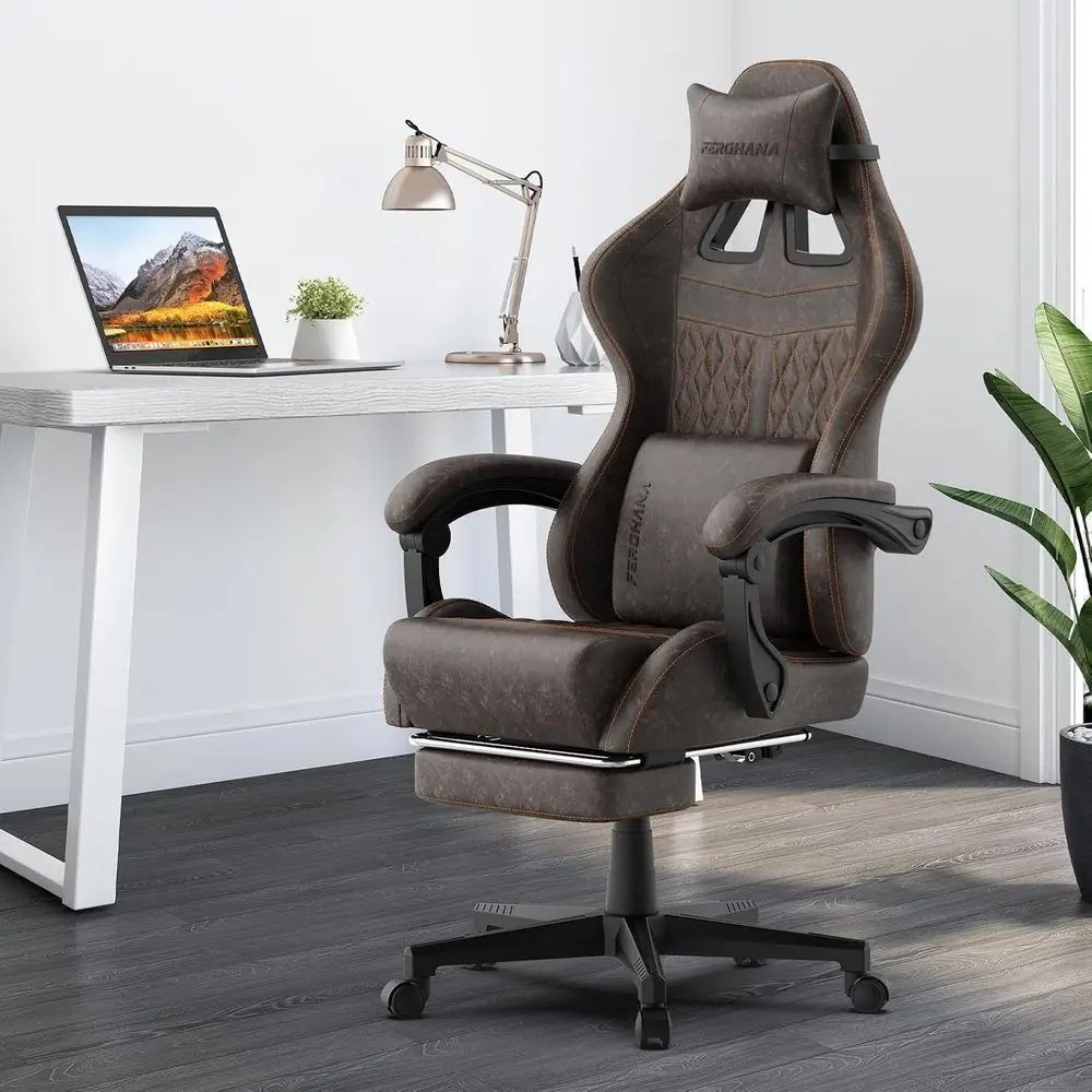 Ergonomic Vintage-Style PU Leather Gaming Chair with Massage, High-Back Recliner for Adults, Racing-Inspired Video Game Seat (Br view 2