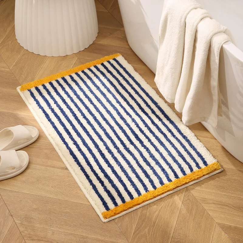 Tufting Blue Stripe Bathroom Mat Bathmat Long Living Room Carpet Bedside Rug Soft Bedroom Floor Tidy Pad Aesthetic Home Decor