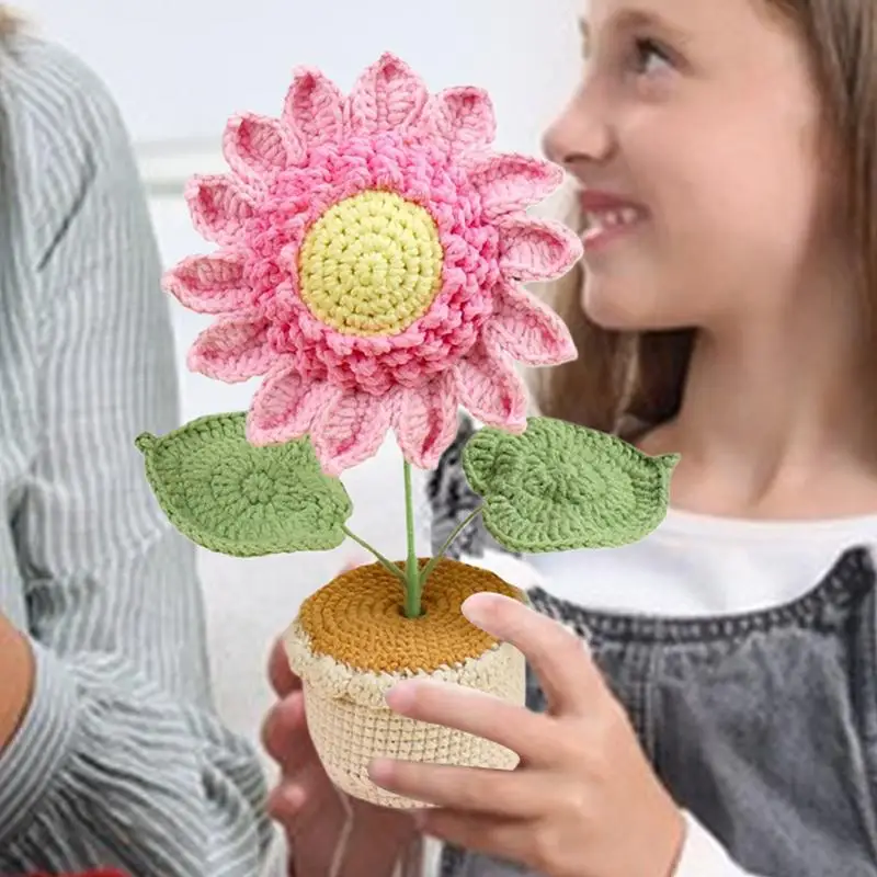 Knitted Sunflower Handmade Artificial Potted Plant Desktop Decoration Home Table Centerpiece 25cm/9.84inch Sunflower Ornament