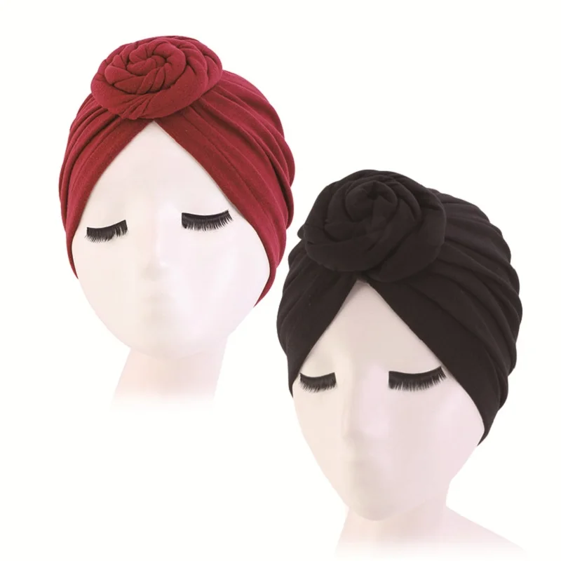 2pcs/lot Women Turban Cotton Top Knot Flower Decor Headwrap Muslim Ladies Hair Cover Beanie Head Wear Solid Color India Hat