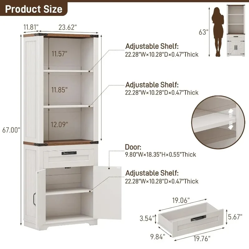 Tall Farmhouse Bookshelf With Sliding Barn Door Storage Cabinet Adjustable Shelves Wooden Bookcase For Living Room Furniture