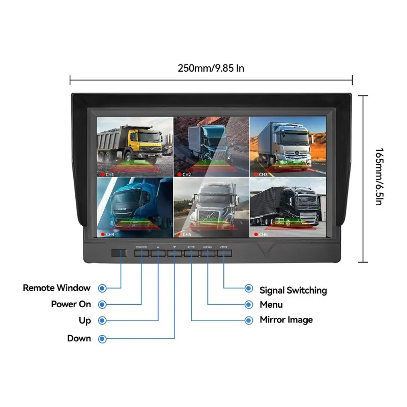 

6-канальная видеорегистратор грузовика с функцией обнаружения слепых зон и резервной камерой, 10-дюймовый IPS-экран, голосовое оповещение, водонепроницаемость для управления автопарком