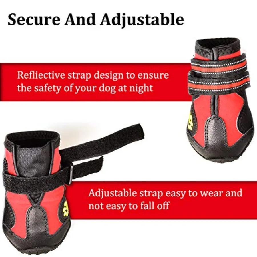 NonSlip Waterproof Dog Boots for Outdoor Use Rugged Sole Dog Shoes for Medium to Large Dogs 4Pcs Set in BlackRed Ideal for Hiki