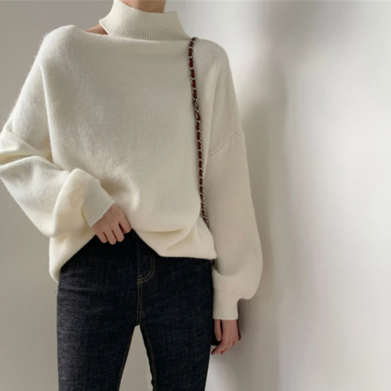 Women Hollow Out Sexy Sweater Turtleneck Long Sleeve Knitted Pullovers One Shoulder Causal Sweater For Women Autumn Winter