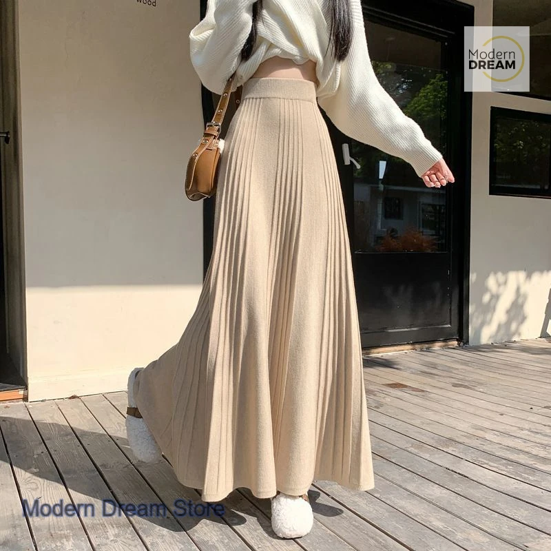 

French style solid color fashion temperament skirt women's autumn and winter new long skirt high waist knitted pleated skirt