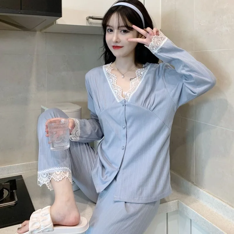 Spring Autumn Loose Pajamas Women Sweet Cardigans Lace Sleepwear Suits 2024 New Solid Colors Small Fragrances Cute Homewear