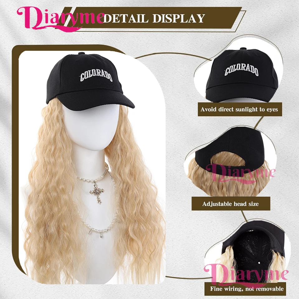 Wig Topi Satu Set Wanita Alami Modis Topi Baseball Rambut Panjang Keriting Sintetis Wig Full-Head untuk Wanita Penggunaan Sehari-hari