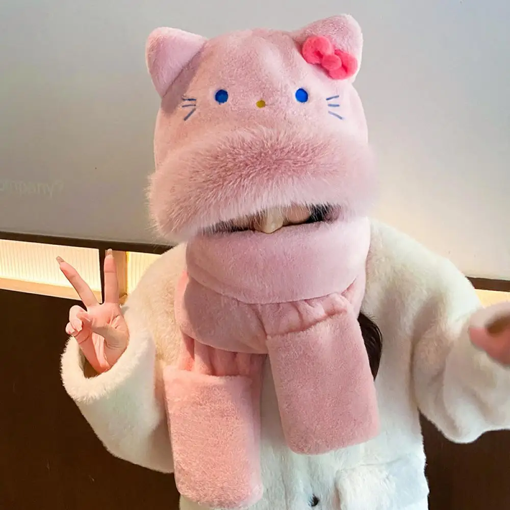 Sanrio Kawaii Hello Kitty Plush Hat Scarf Gloves Three Piece Set Anime Child Aldult Winter Thicken Warm Cute Girls Festival Gift