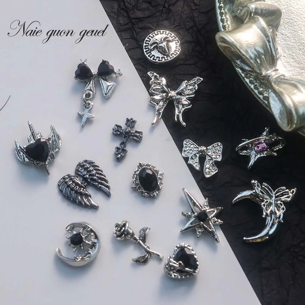 10Pcs Gothic Punk Style Nail Art Charm 3D Alloy Silver Winged Butterfly Moon Rose Nail Decoration DIY Antique Nail Accessories