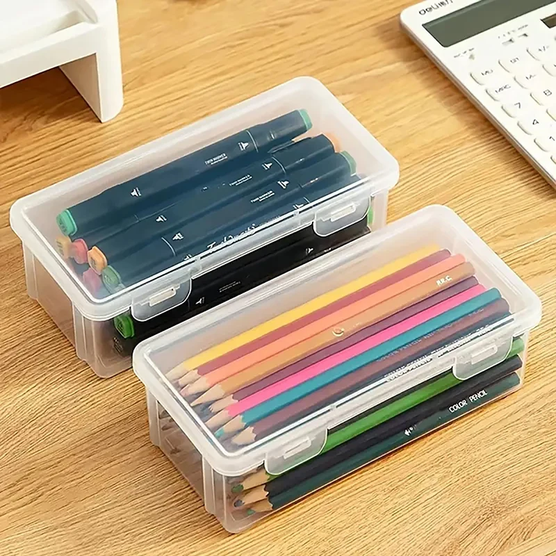 With Buckled Pencil Box Large Capacity Transparent Waterproof Stationery Case Dustproof Plastic Desktop Storage Box Mark Pens