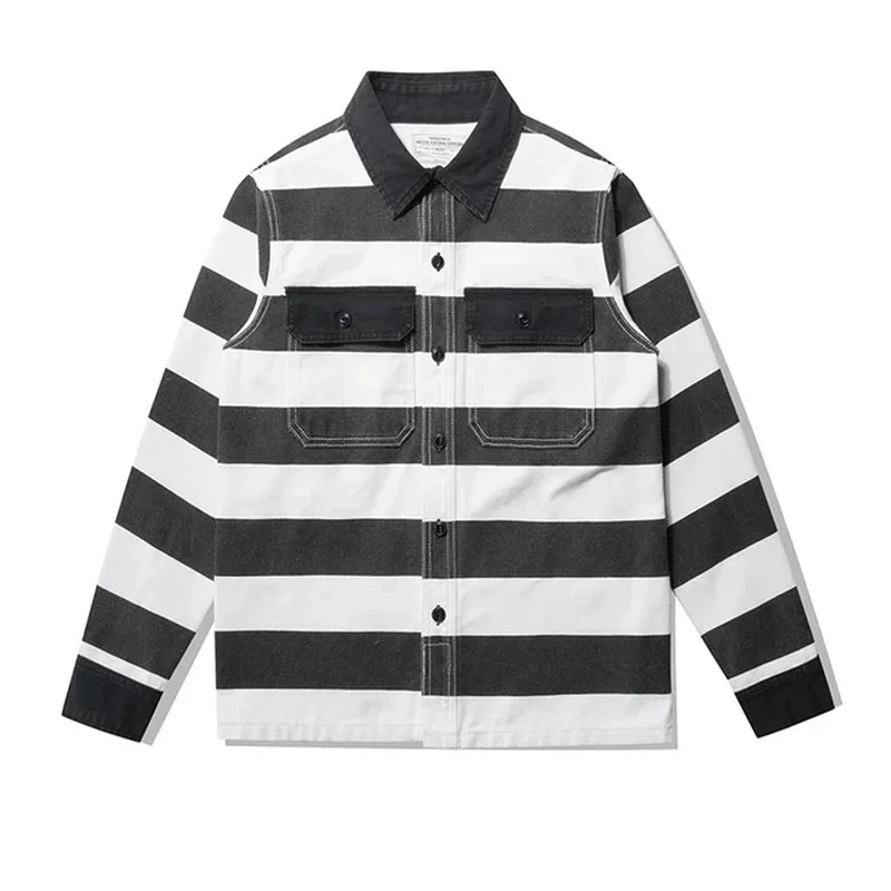 16oz Heavyweight Prisoner Striped Jacket Thick Canvas Motorcycle Coat Outdoor Trekking Camping Hunting AMIKAJI Shirt