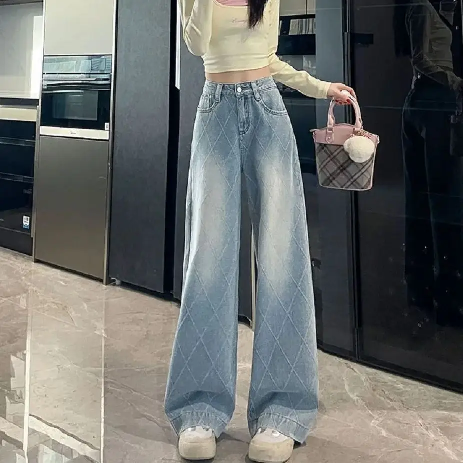 

Plaid Jacquard Straight Loose Jeans Women 2025 Spring Autumn New Slim Niche Versatile Personality Design Wide-Leg Pants