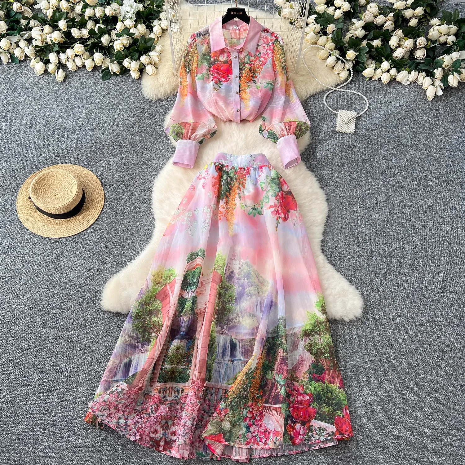 Alta qualidade feminino verão boho floral impressão saia conjunto blusa de manga longa topo + cintura alta plissado maxi saia ternos de duas peças