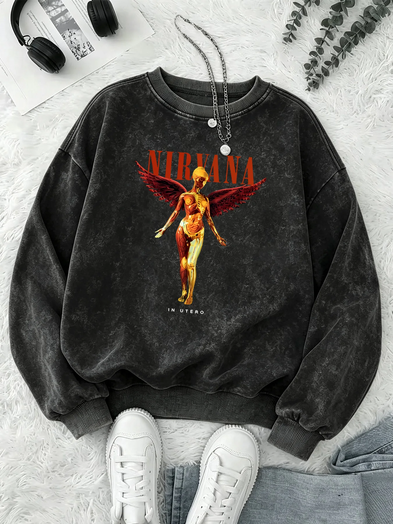 Rock Print  Retro Distressed ACID Washed Vintage  Women Streetwear, Y2k Sweatshirt  Clothes
