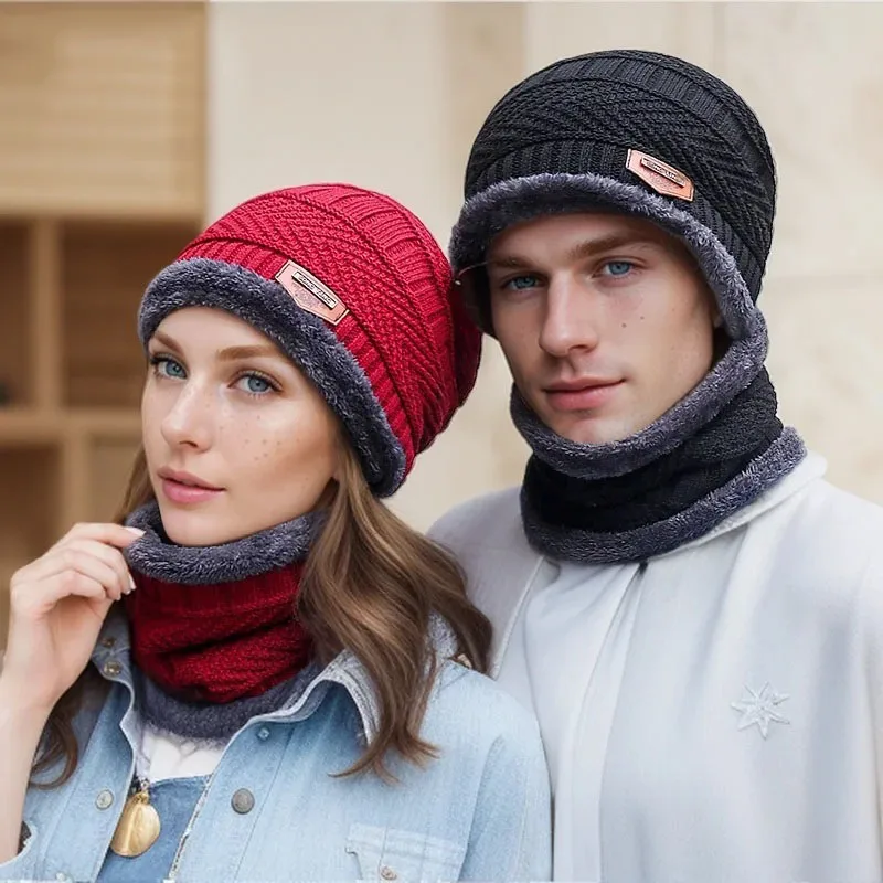 Thickened Warmth and Cold Cycling Women's Cotton Hat Set Scarf Ear Protection Hat Men's Winter Knitted Woolen Hat with Pile 2024