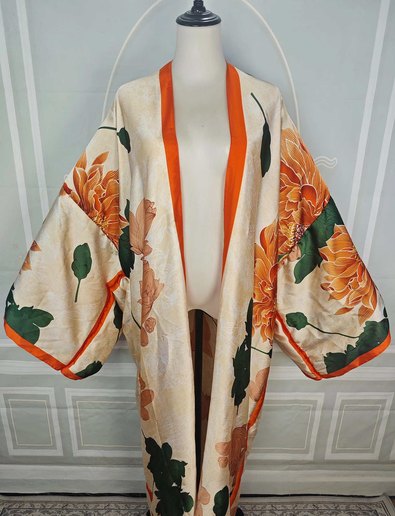 Summer Vacation Women Beach Bikini Cover Up Plus size Crew Neck Open Front Long Sleeve Cardigans Kimonos Muslim Loose  Robe view 4