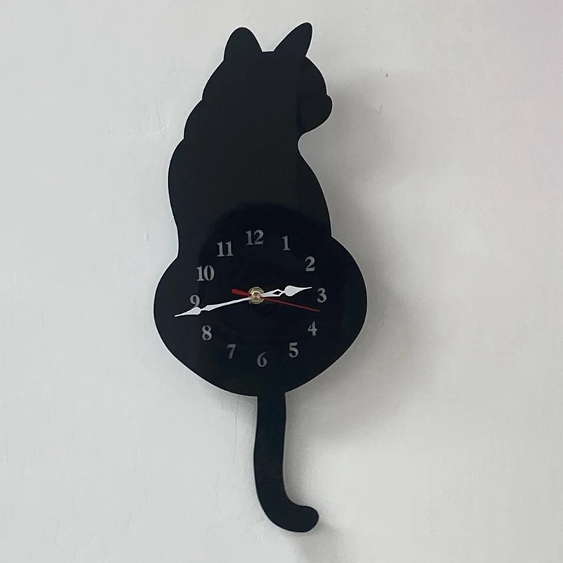 Black-Cat Pendulum Wall Clock,Cat Clock,Cat Clock With Moving Tail,Cat Swinging,Whimsical Funny Wall Clocks Easy Install