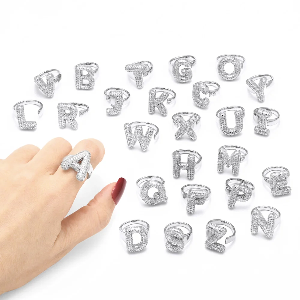 FLOLA Silver Color Crystal Bubble Letter Rings for Women Dainty Rhodium Plated Initial Rings Name Jewelry righ91