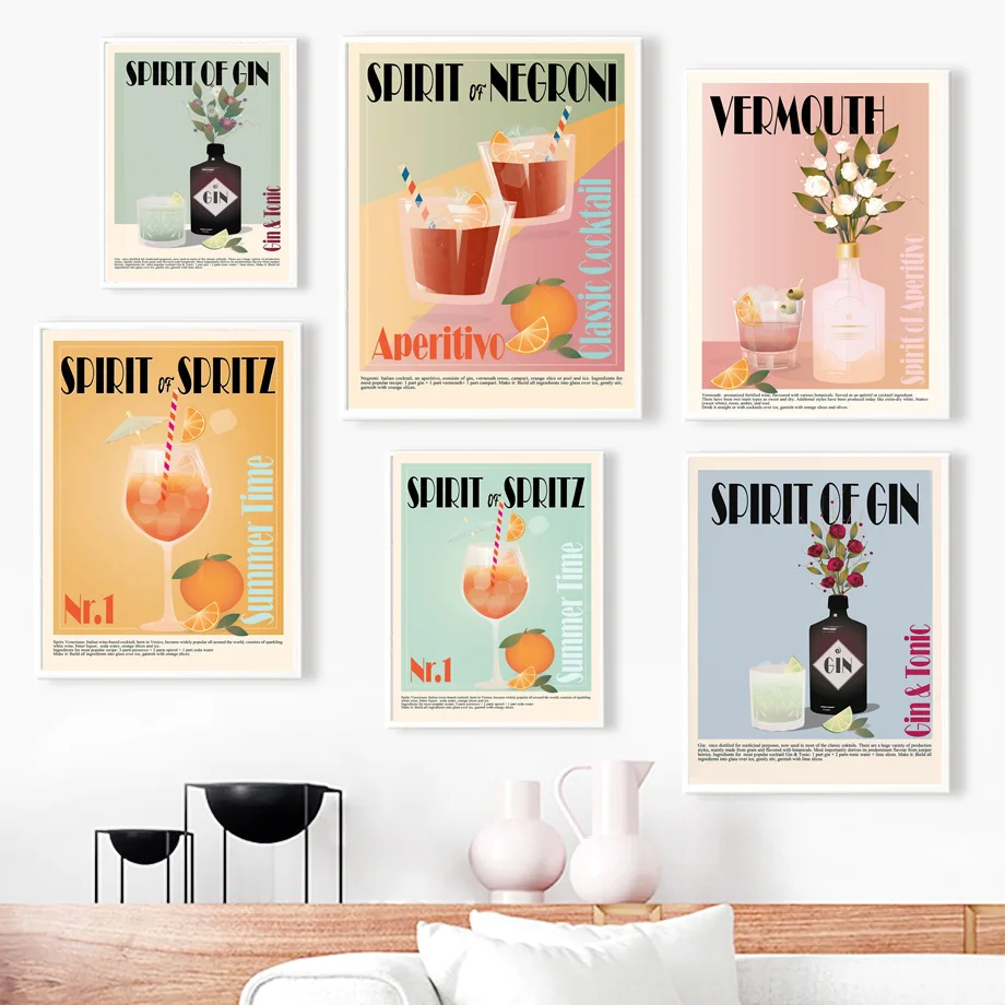 Aperol Spritz Gin Negroni Vermouth Cocktail Wall Art Canvas Painting Nordic Posters Prints Wall Pictures For Kitchen Bar Decor