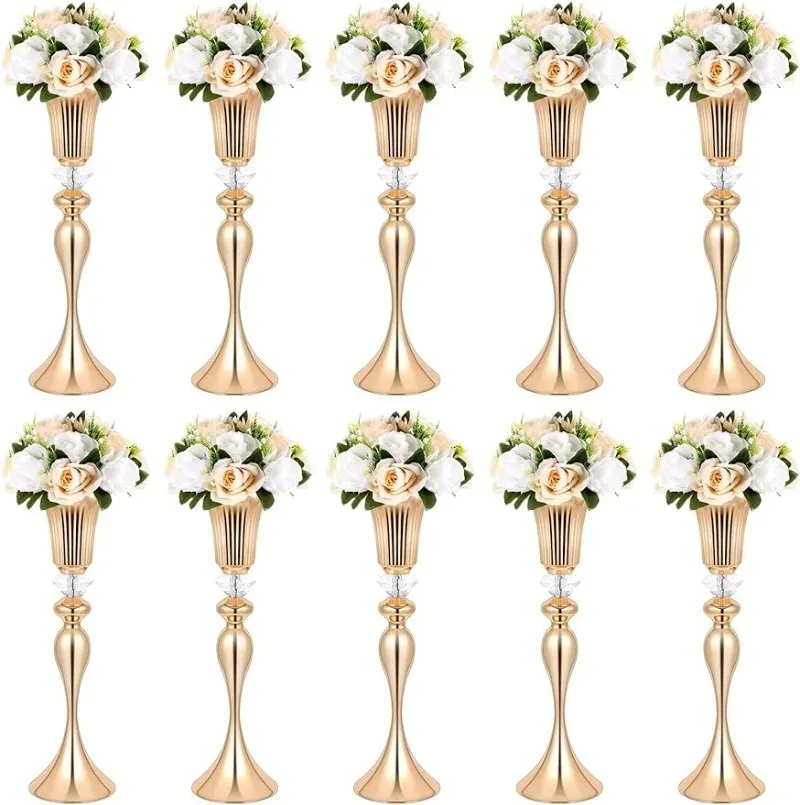 

10pcs)50cm 100cm)12 Pcs Gold Vases Centerpieces Wedding Flower Stand Gold Metal Flower Trumpet Vase with Acrylic Crystal Bead