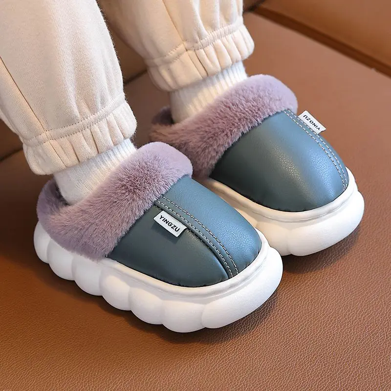 Kids Cotton Slippers PU Leather Waterproof Non Slip Thick Soft Sole Indoor Outdoor Warm Shoes for Child Parent Winter Autumn