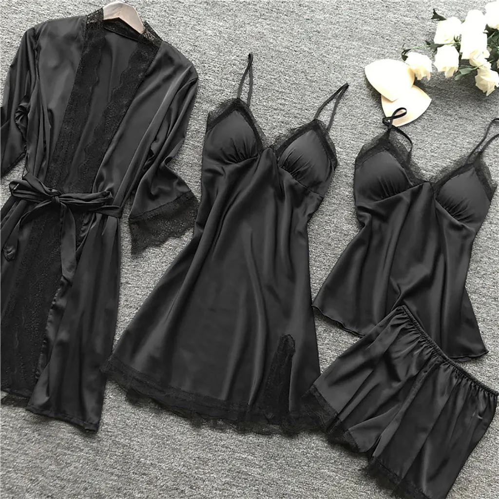 4 Pieces Pajamas Sets Satin Sleepwear Women Silk Nightwear Pyjama Strap Lace Sleep Lounge Pajama with Chest Pads