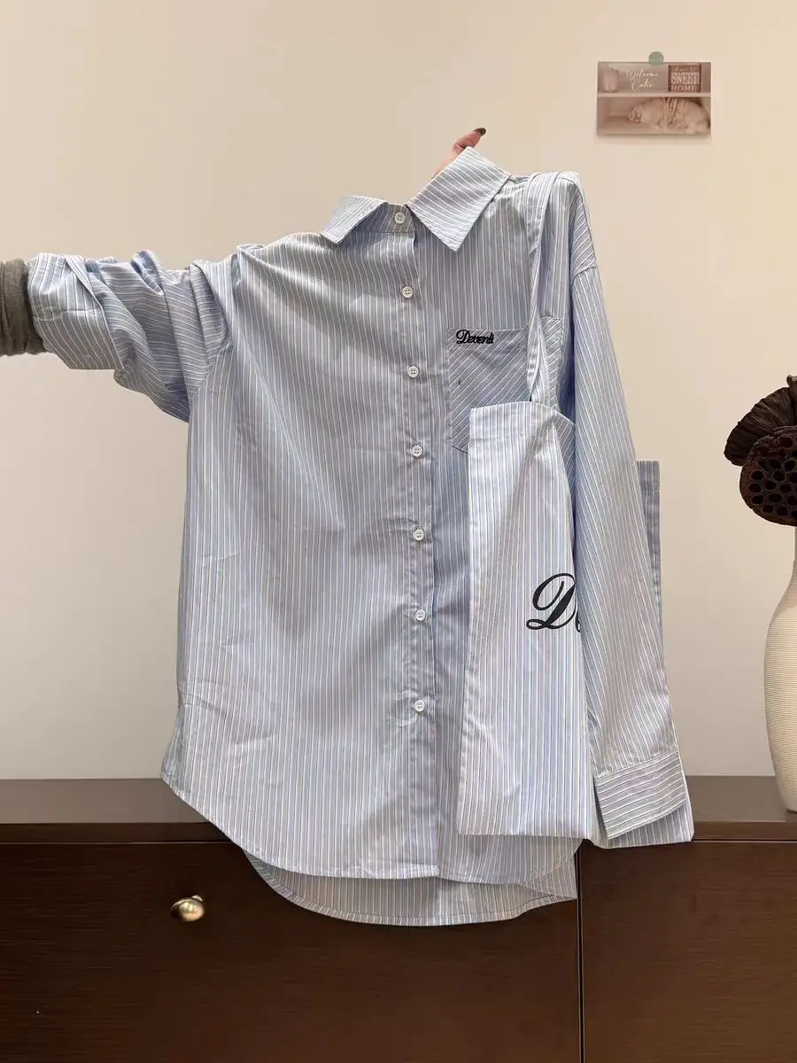 

Ele Blue Striped Long Sve irt Women's Loose Fit Collar Faionable Spring Autumn Versatile irt Korean Sle C...