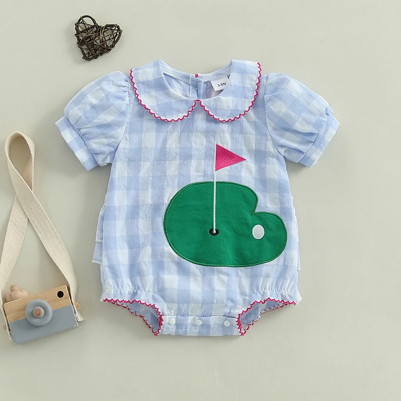

Baby Girls Romper Cotton Short Puff Sleeve Doll Neck Golf Print Jumpsuit Newborn Baby Girls Clothes Infant Clothing Outfits