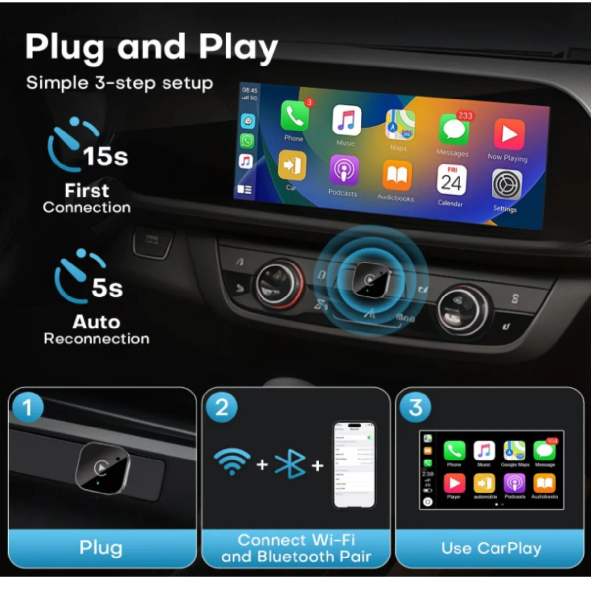 อะแดปเตอร์ CarPlay ไร้สาย ปี 2026 สำหรับ Apple iPhone และ Android - ขนาดเล็ก เสียบแล้วใช้งานได้ทันที เชื่อมต่อ CarPlay ได้อย่างรวดเร็วและเสถียร