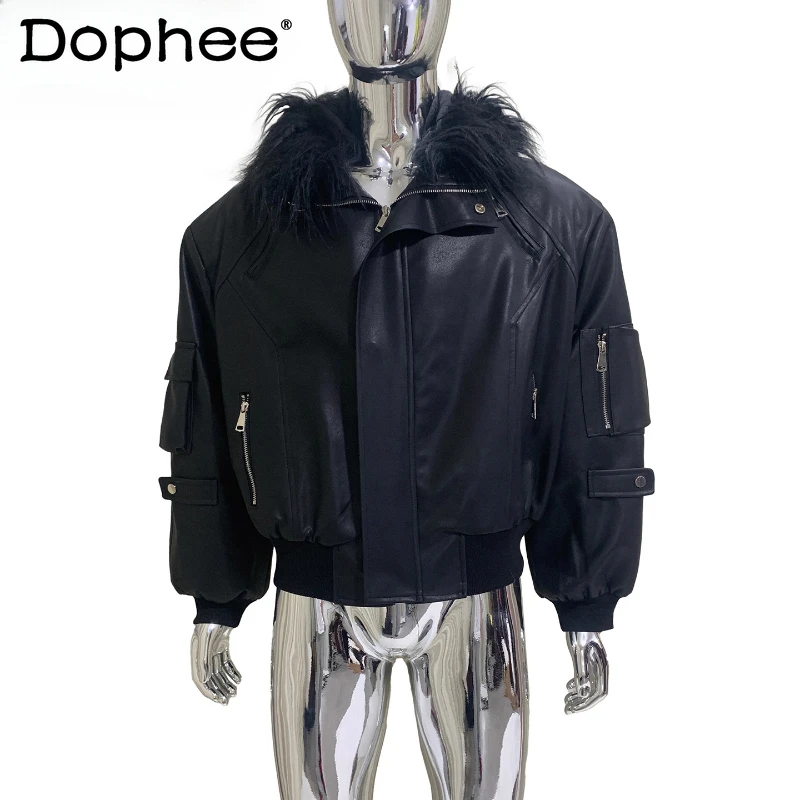 

Men's 2025 Winter New Hooded Parka Cotton Jackets Large Fur Collar PU Leather Jacket Coats Multi Zipper Decoration Pocket Coats