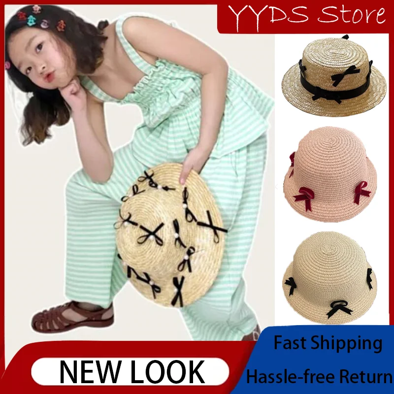 Summer Children's Bow Wheat Straw Straw Hat Elegant Style Hand-woven Simple Cute Little Bow Children's Fisherman Hat