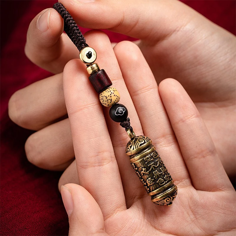 Lucky Hangings Leather Bag Lanyard Key Ring Vintage Hollow Brass Buddha Bottle Sutra Cylinder Pendant Car Keychain