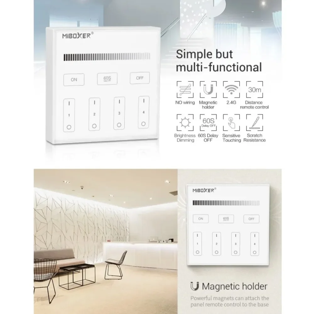 Miboxer B0 B1 B2 B3 B4 B8 2.4GHZ zdalny Panel dotykowy LED 4-strefowy/8-strefowy regulator ściemniania dla pojedynczy kolor/RGB + CCT/RGBW/lampa LED