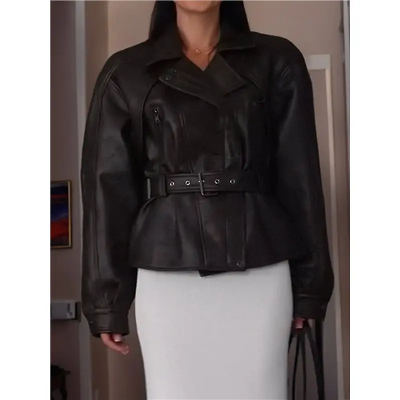 CYL-Female Fall Belted Faux Leather Jacket Business Casual Faux Leather Short Trench Coat