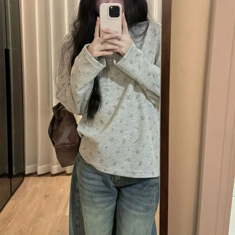 Korean Broken Flowers Print T-Shirts Spring Autumn Henley Neck Women's Clothing Long Sleeve Waffle Fashionable Casual Pullovers