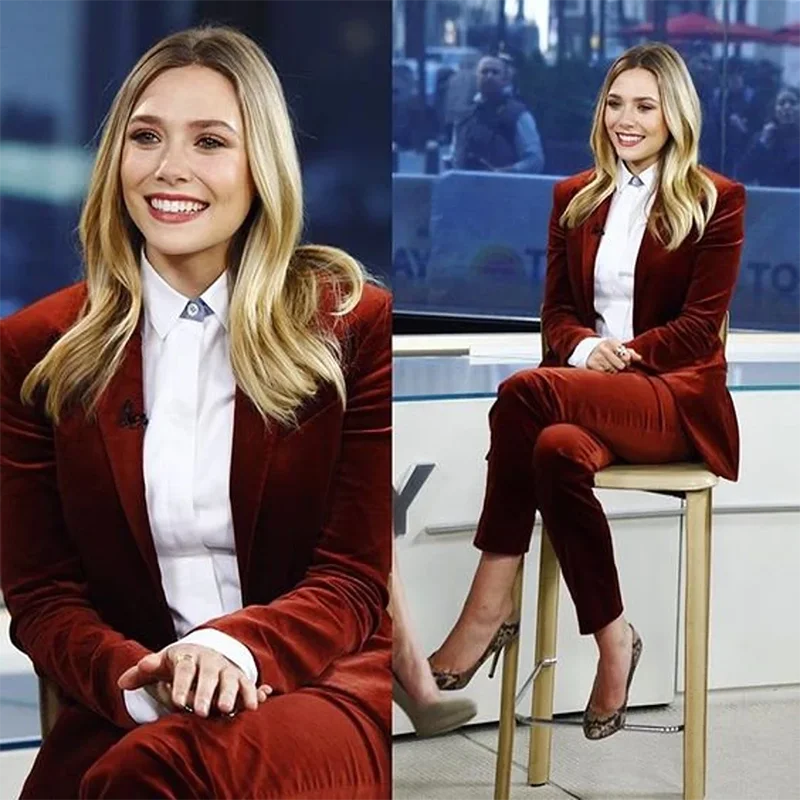 

Women's Suit 2 Piece Velvet Formal Business Overalls Office Slim Fit Blazer Pants Suit for Female Burgundy Dress