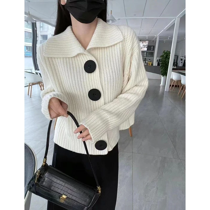 2023 Cashmere cardigan women\'s autumn and winter V-neck long sleeved loose large button lapel wool knitted jacket sweater trend