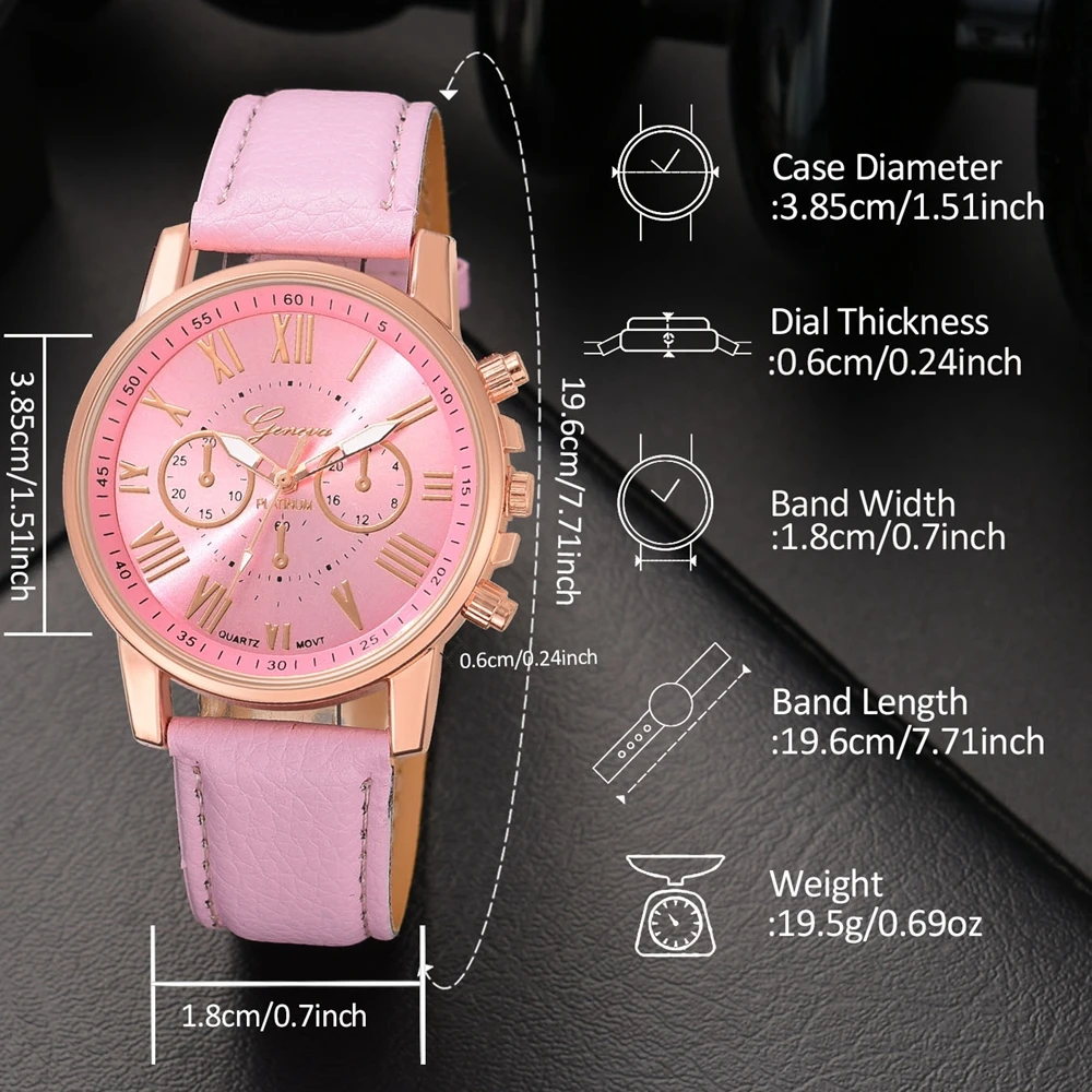 6PCS/Set Pink Women Watch Fashionable Roman Digital Dial Quartz Wristwatch PU Leather Strap Watch Jewelry Set Gift For Girls