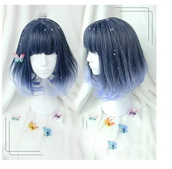 

New Lolita Ombre Blue Cosplay Straight Mid-Long Heat Resistant Hair Wigs