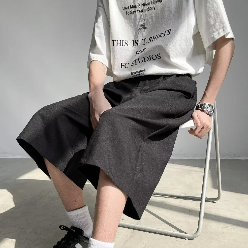 

Black Men's Straight Pants Wide Leg with Pocket Loose Pleated Shorts Sweatpants Large Size High Waist Trousers Spring Summer