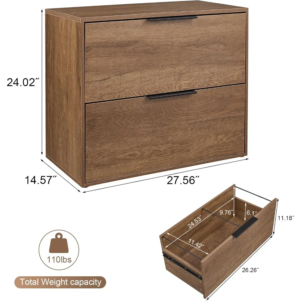 خزانة ملفات جانبية خشبية، خزائن ملفات ذات درجين للمكتب المنزلي، خزائن ملفات خشبية كبيرة بمقبض معدني للحروف Si #3