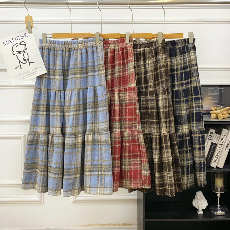 

Retro High Waist Plaid Woolen Skirt Women's Autumn Winter New Style Slim A-Line Midi Skirt Versatile Cake Pattern