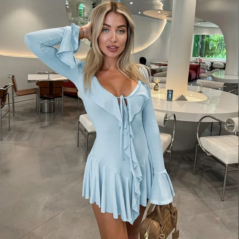 

Ruffled Lace-Up Mini Dress Women's V-Neck Patchwork Long Sleeve Sexy Slim Dress Solid Color Bandage Elegant Female Summer Dress