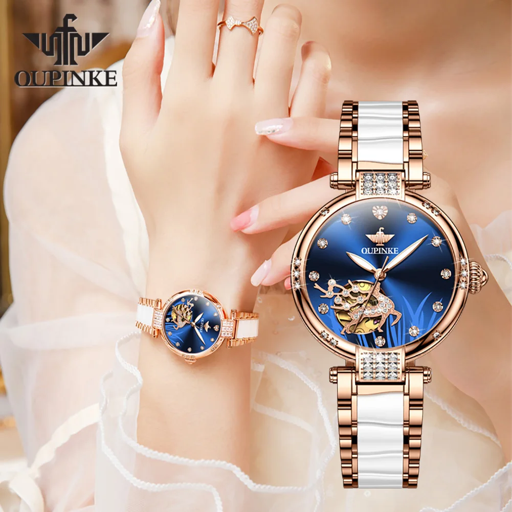 OUPINKE 3211 Luxury Skeleton Blue Womens Watches Automatic Mechanical Wrist Watch For Women Ceramic Strap Waterproof