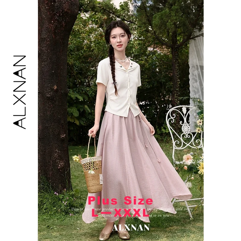 

ALXNAN Plus Size Women's V-neck T-shirt Floral Embroidery Lapel Twisted Placket Waist Pleats Casual Short Sleeve T-shirts D63322