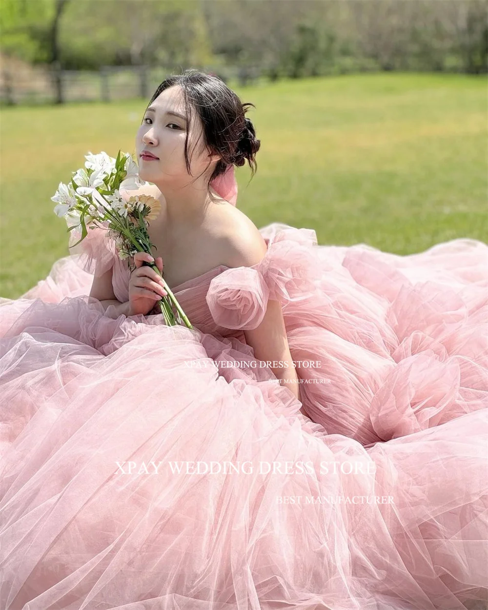 XPAY Princess Pink Korea Evening Dress Off Shoulder Wedding Photos Shoot Prom Gowns Fairy Tulle Corset Formal Occasion Dress