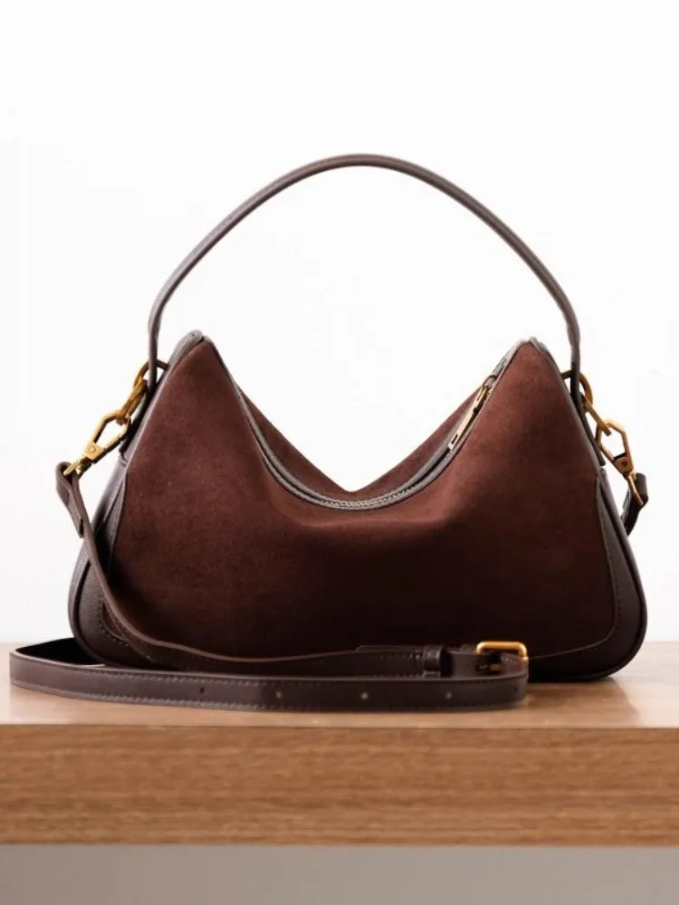 Office Ladies Elegant Suede Cowskin Genuine Leather Tote Handbag Women Spliced Design Single Shoulder Bag Vintage Messenger Bags
