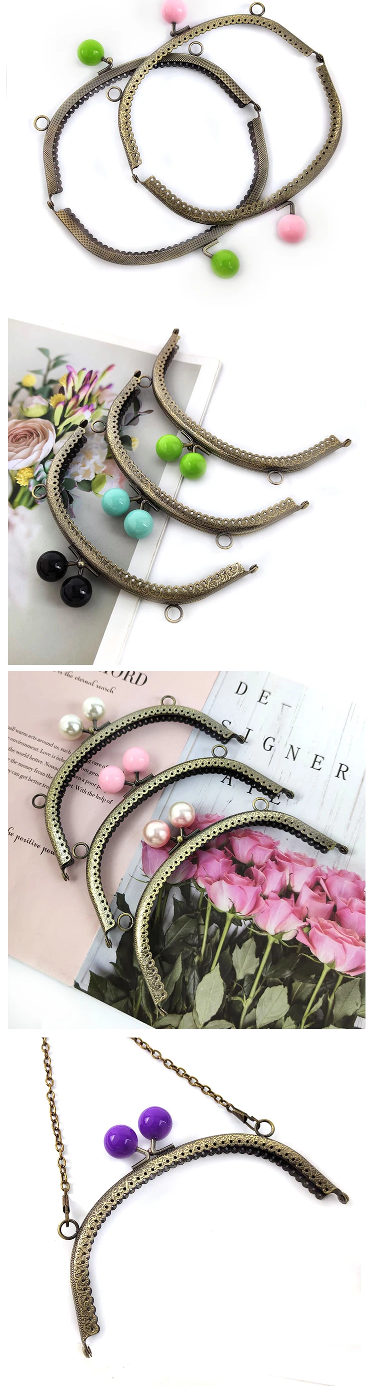 5Pcs Deepeel 16.5cm Colored Bead Metal Bag Handle DIY Handmade Sewing Brackets Kiss Clasp Purse Frame Handles for Making Bags