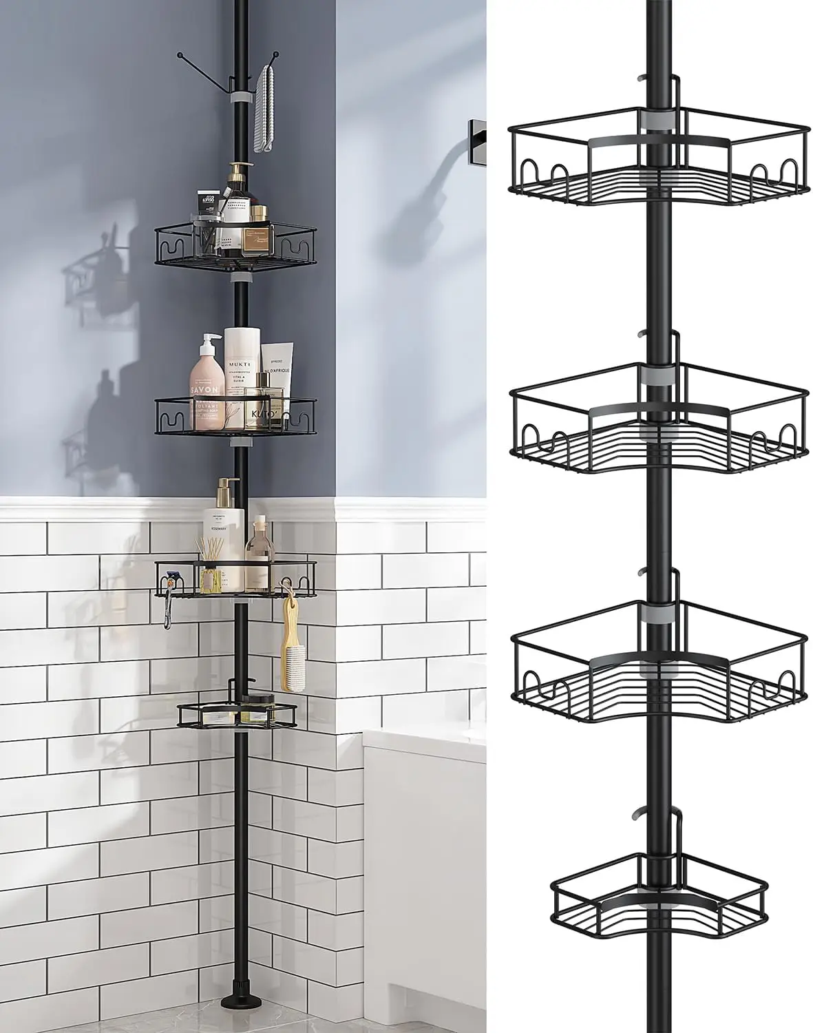 

Corner Shower Caddy Tension Pole, 4-Tier Rust-Free Shower Organizer Corner, Adjustable Shelf for Inside